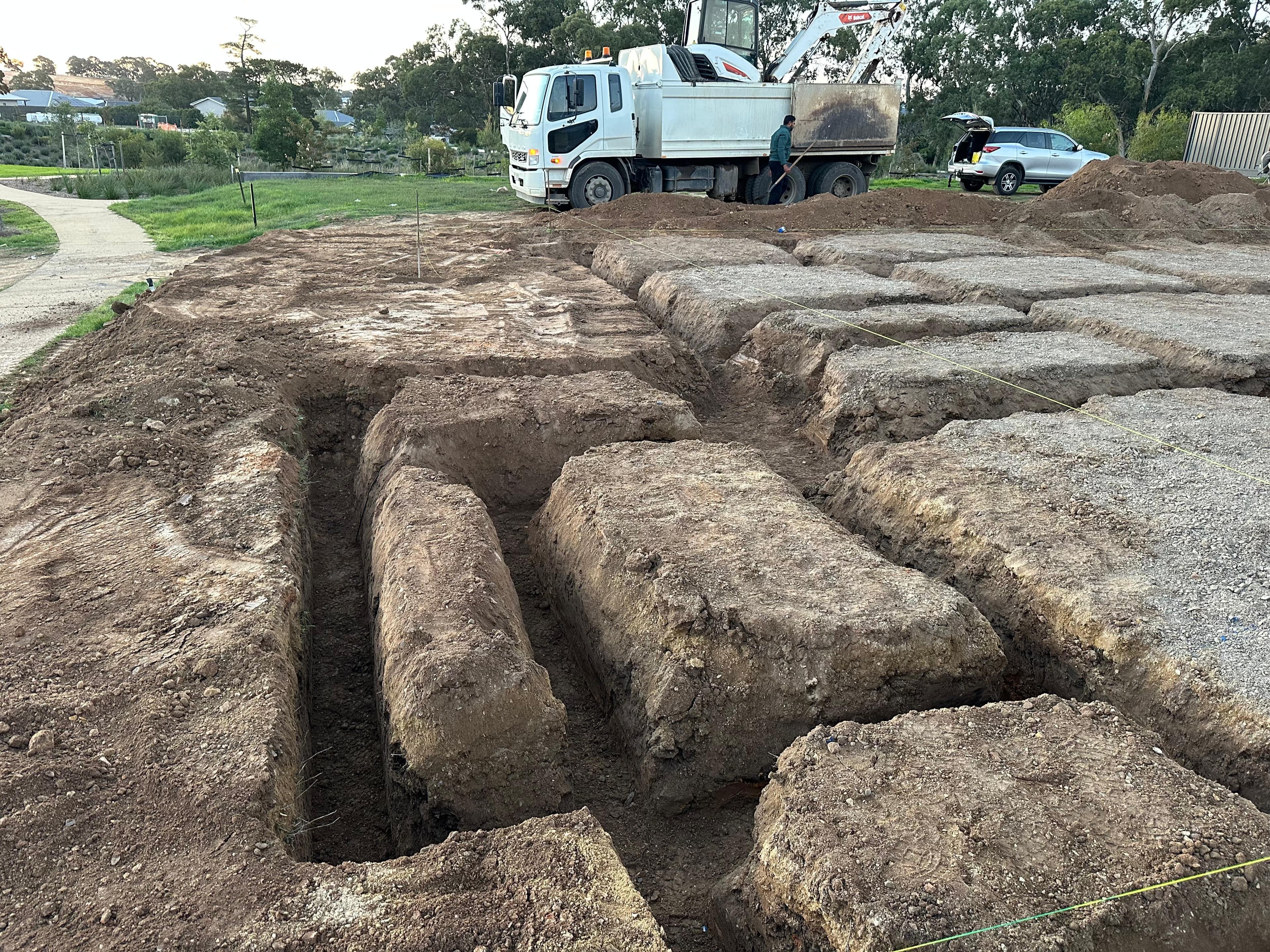 Mount Barker footing project - excavation, pod layout, and reinforcement work along the residential footing edge